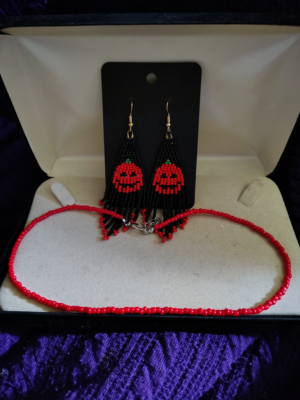 ๐ฅNew Handmade Halloween Beaded Pumpkin Fringe Earrings & Necklace Matching Set